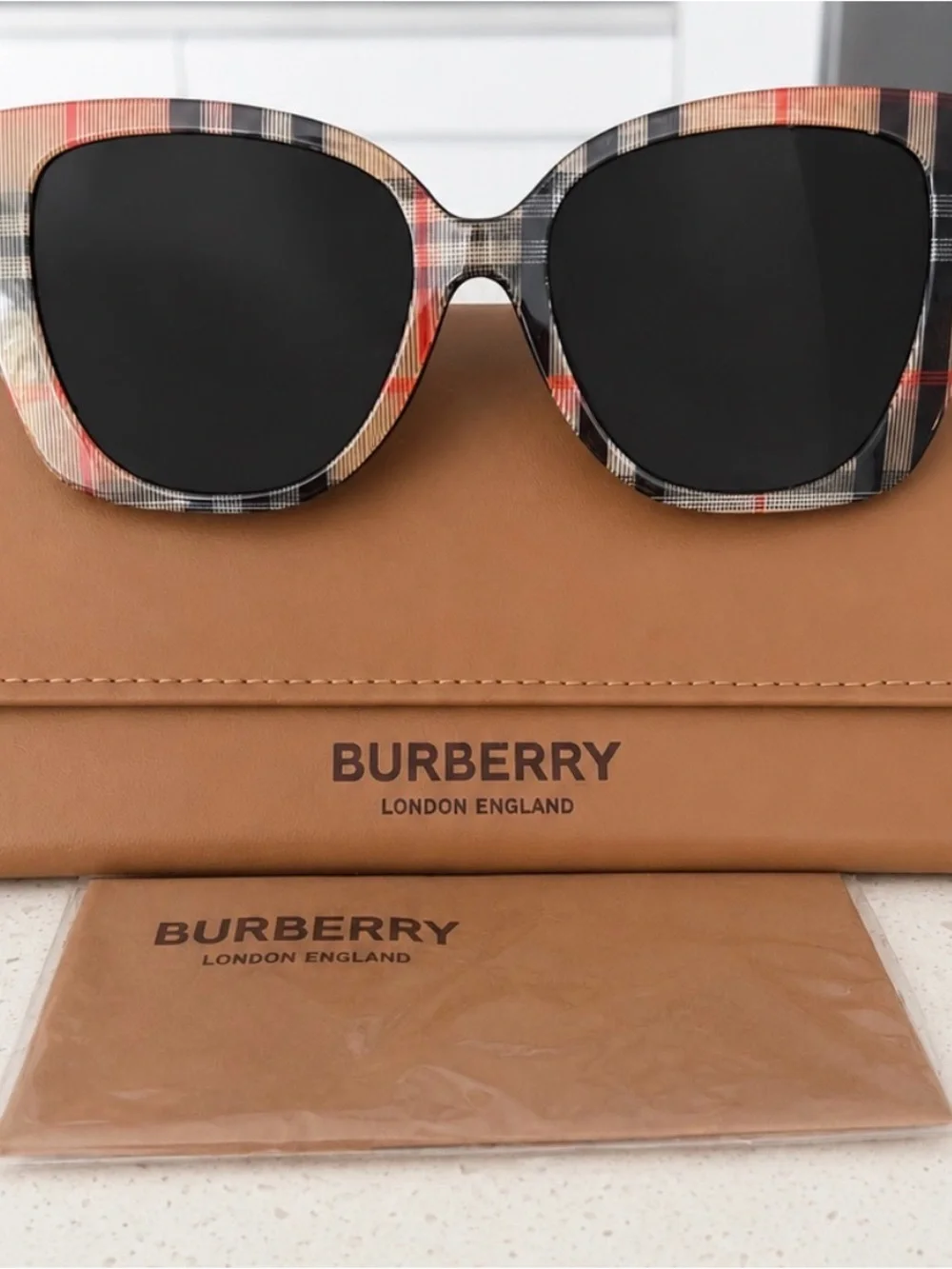 Burberry Plaid Cat-Eye Sunglasses with Black Lenses